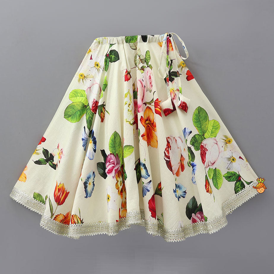 Pre Order: Classic Floral Printed Top And Lehenga With Net Dupatta