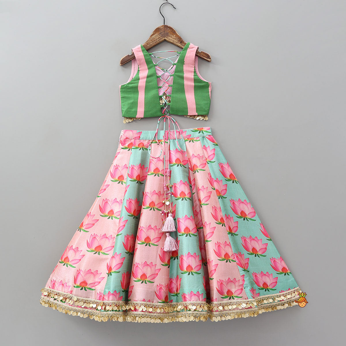 Pre Order: Criss Cross Knot Detail Crop Top And Floral Printed Lehenga With Dupatta