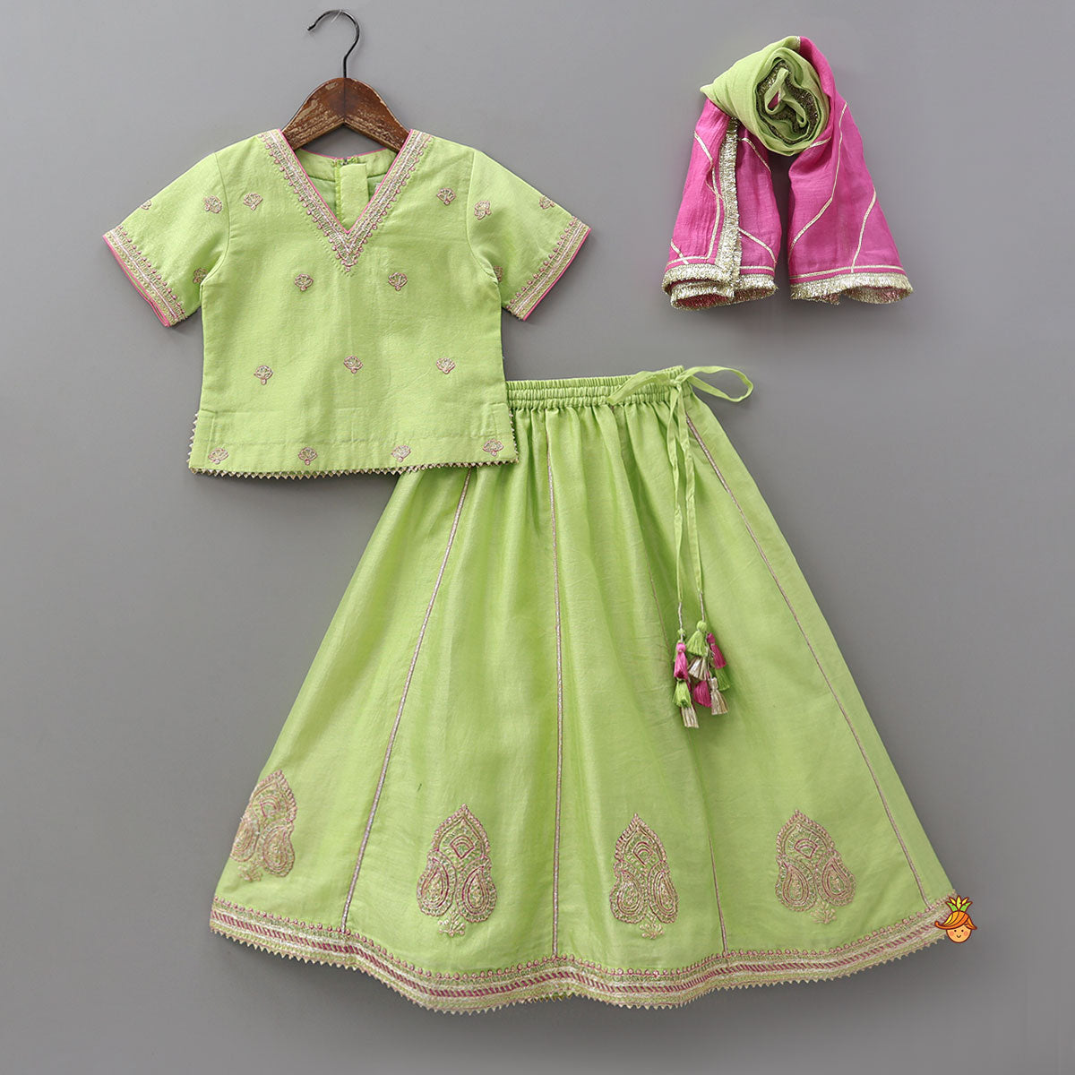 Pre Order: V Neck Booti Embroidered Elegant Top And Lehenga With Dual Tone Dupatta