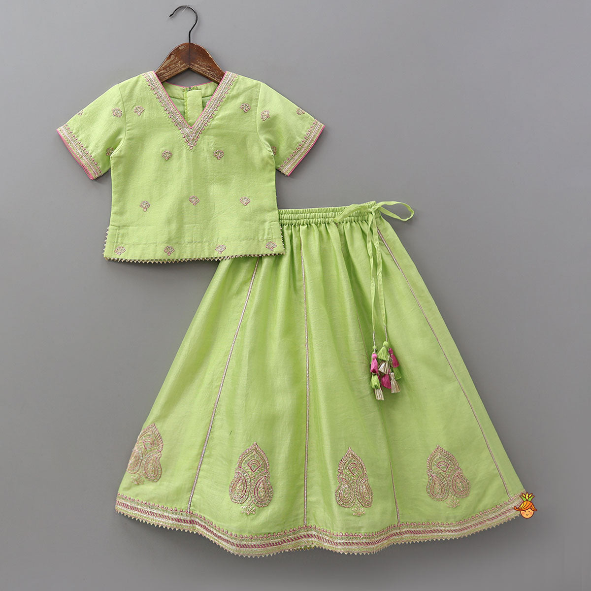 Pre Order: V Neck Booti Embroidered Elegant Top And Lehenga With Dual Tone Dupatta