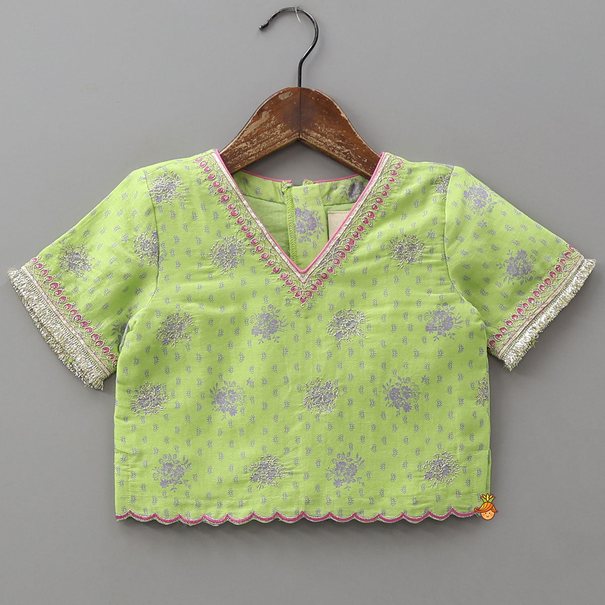 Pre Order: Printed Top And Lehenga With Scalloped Design Dupatta