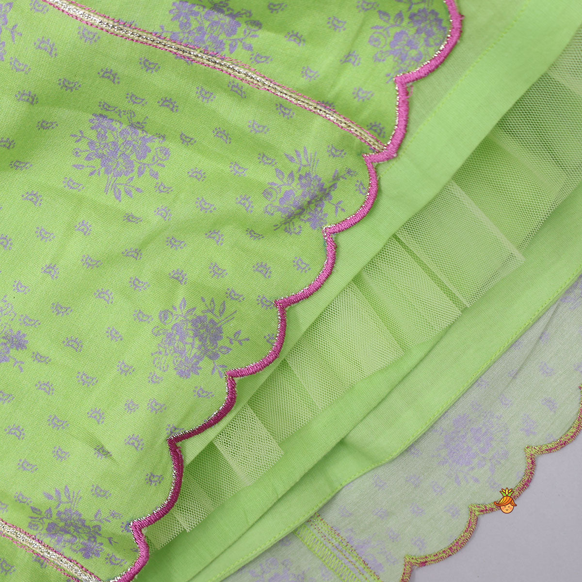 Pre Order: Printed Top And Lehenga With Scalloped Design Dupatta