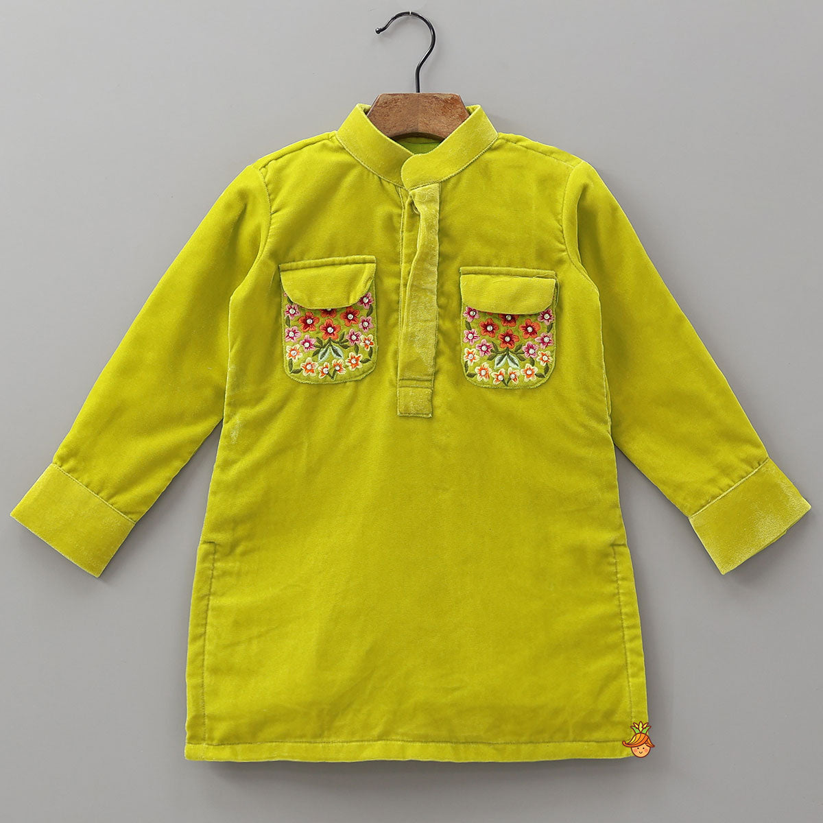 Embroidered Patch Pocket Detail Velvet Kurta And Patiala