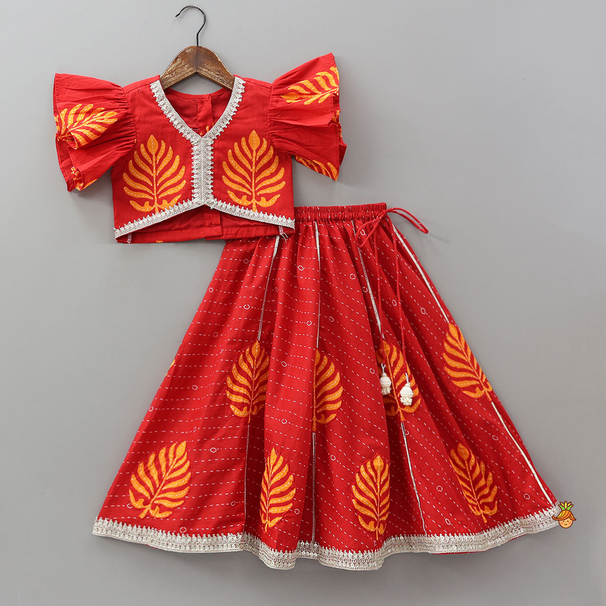 Pre Order: Ruffle Sleeve Printed Top And Lehenga With Dupatta