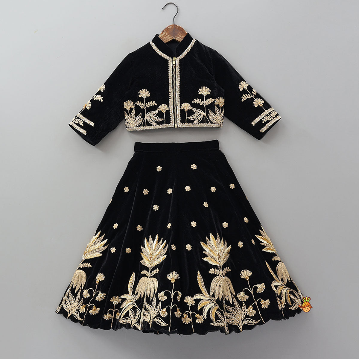 Pre Order: Stand Collar Velvet Charming Top And Lehenga