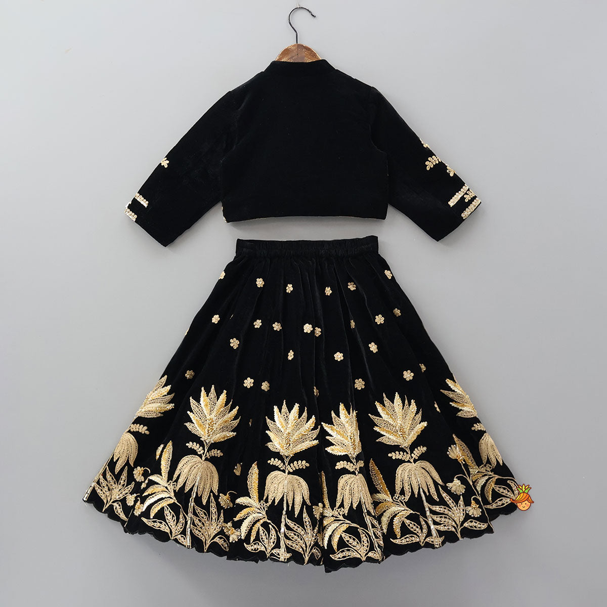 Pre Order: Stand Collar Velvet Charming Top And Lehenga