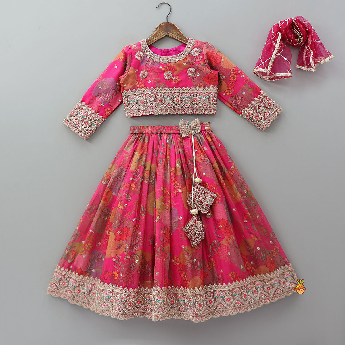 Pre Order: Heavily Embroidered Crop Top And Lehenga With Sequin Embellished Dupatta