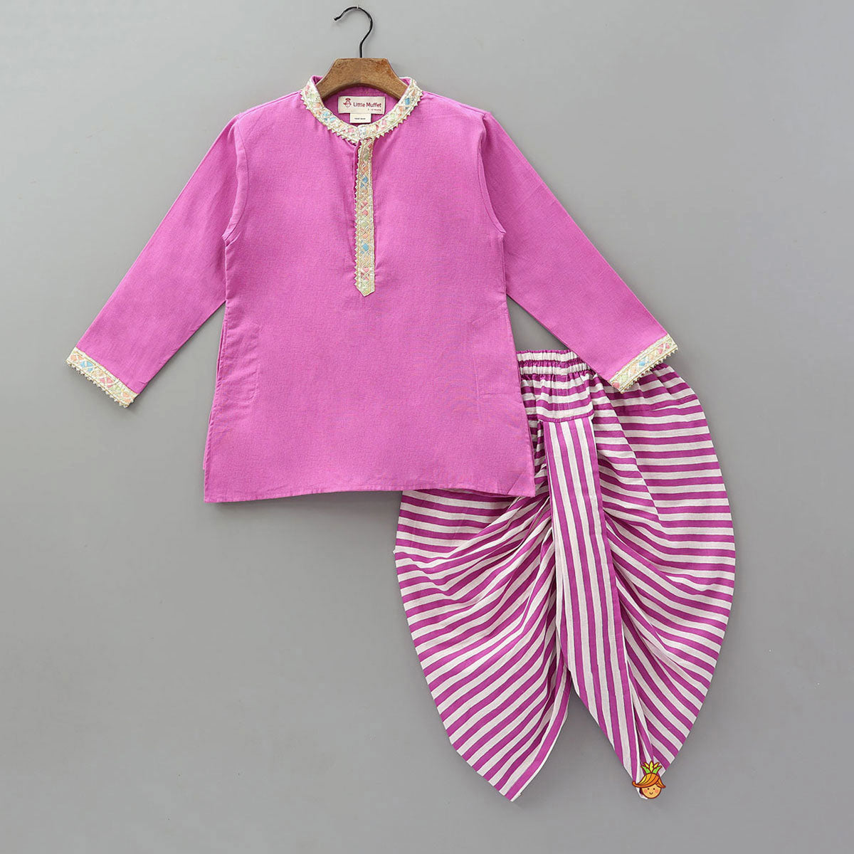 Pre Order: Colourful Lace Detail Kurta With Striped Dhoti