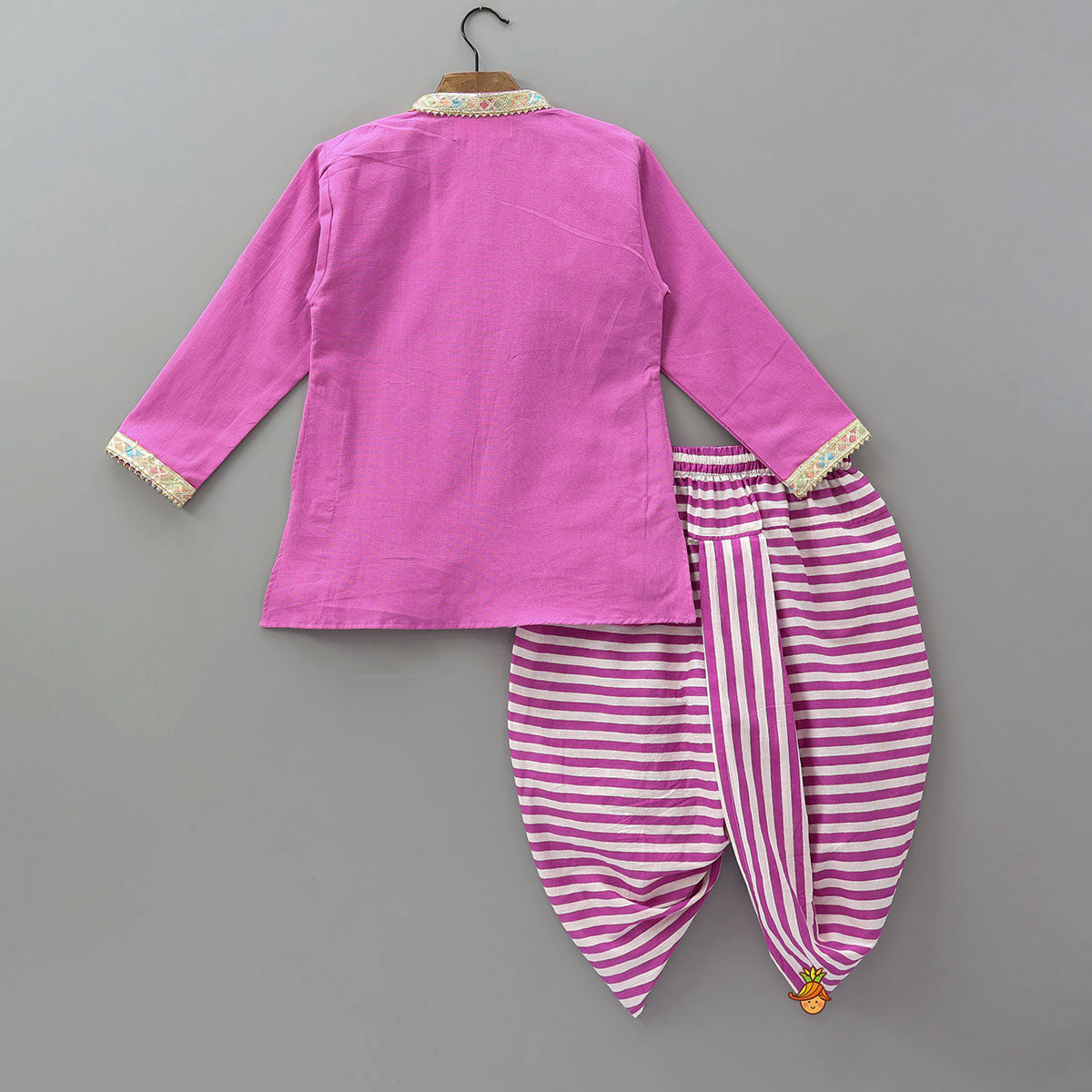 Pre Order: Colourful Lace Detail Kurta With Striped Dhoti