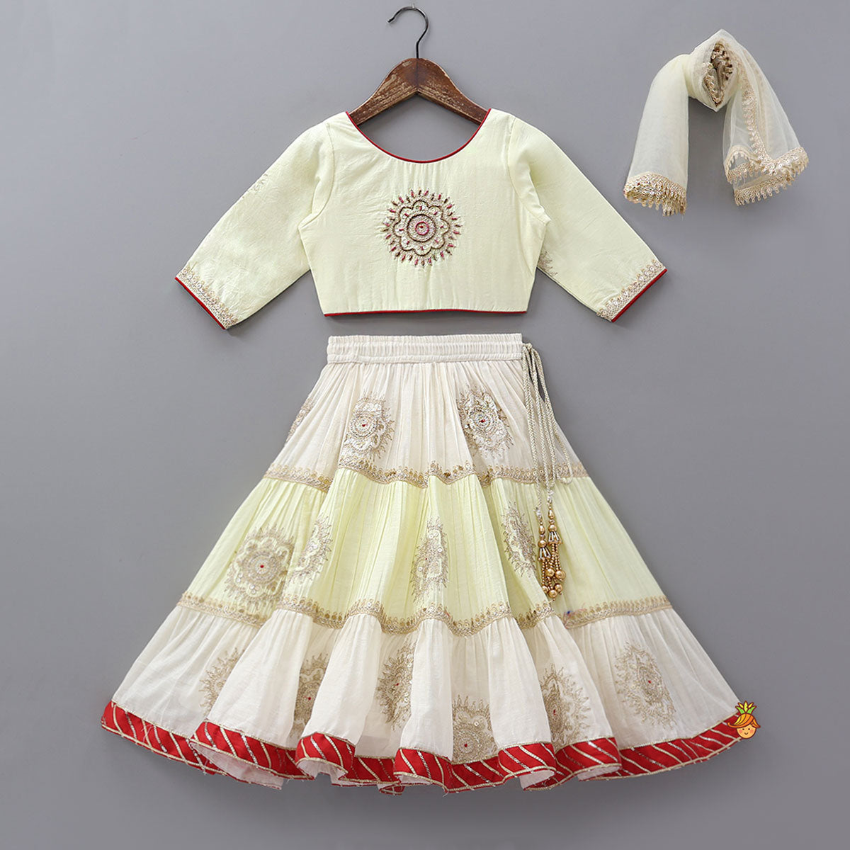 Pre Order: Round Neck Crop Top And Embroidered Lehenga With Dupatta