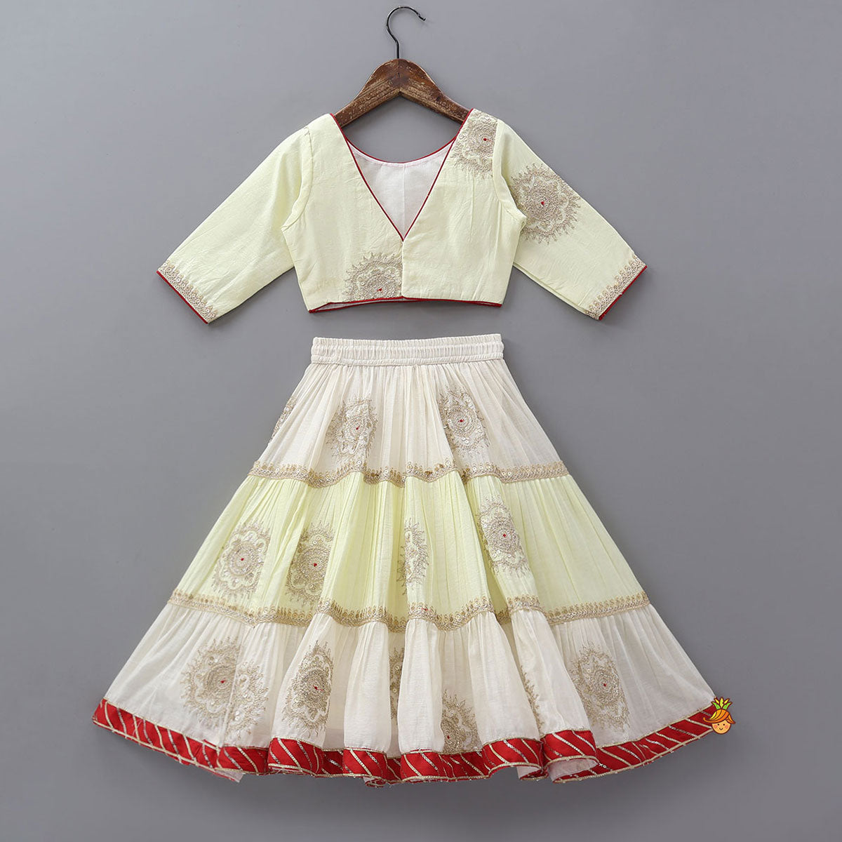 Pre Order: Round Neck Crop Top And Embroidered Lehenga With Dupatta