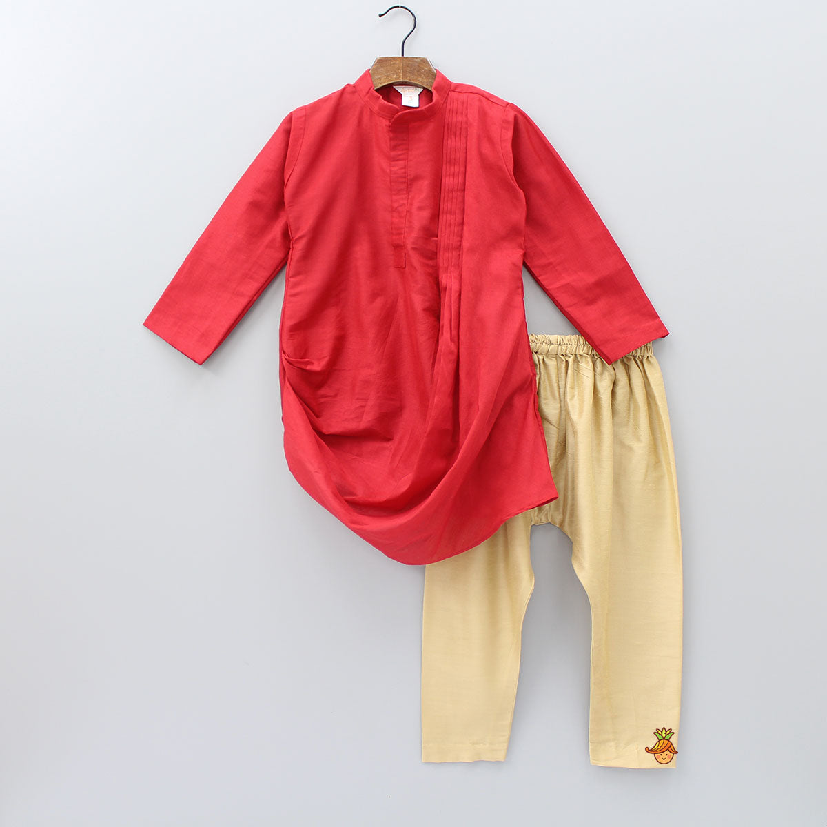 Red Cowl Style Kurta And Beige Pyjama With Embroidered Jacket