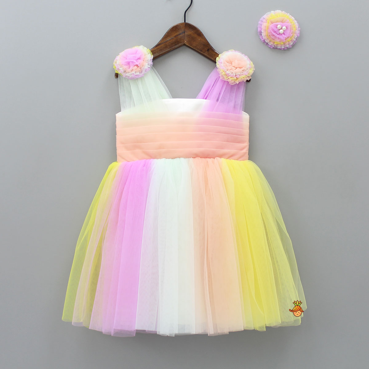 Pre Order: Ruffled Flower Embellished Multi Colour Dress With Matching Hair Clip
