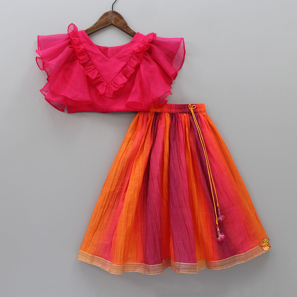 Raspberry Pink Organza Frilly Top With Colourful Shaded Lehenga