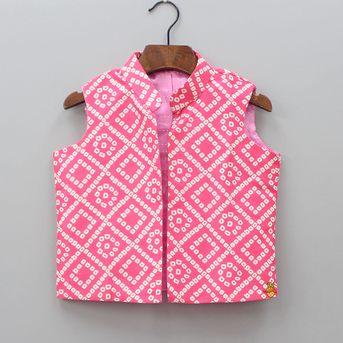 Pre Order: Pink Bandhani Printed Kurta With Open Jacket And Churidar