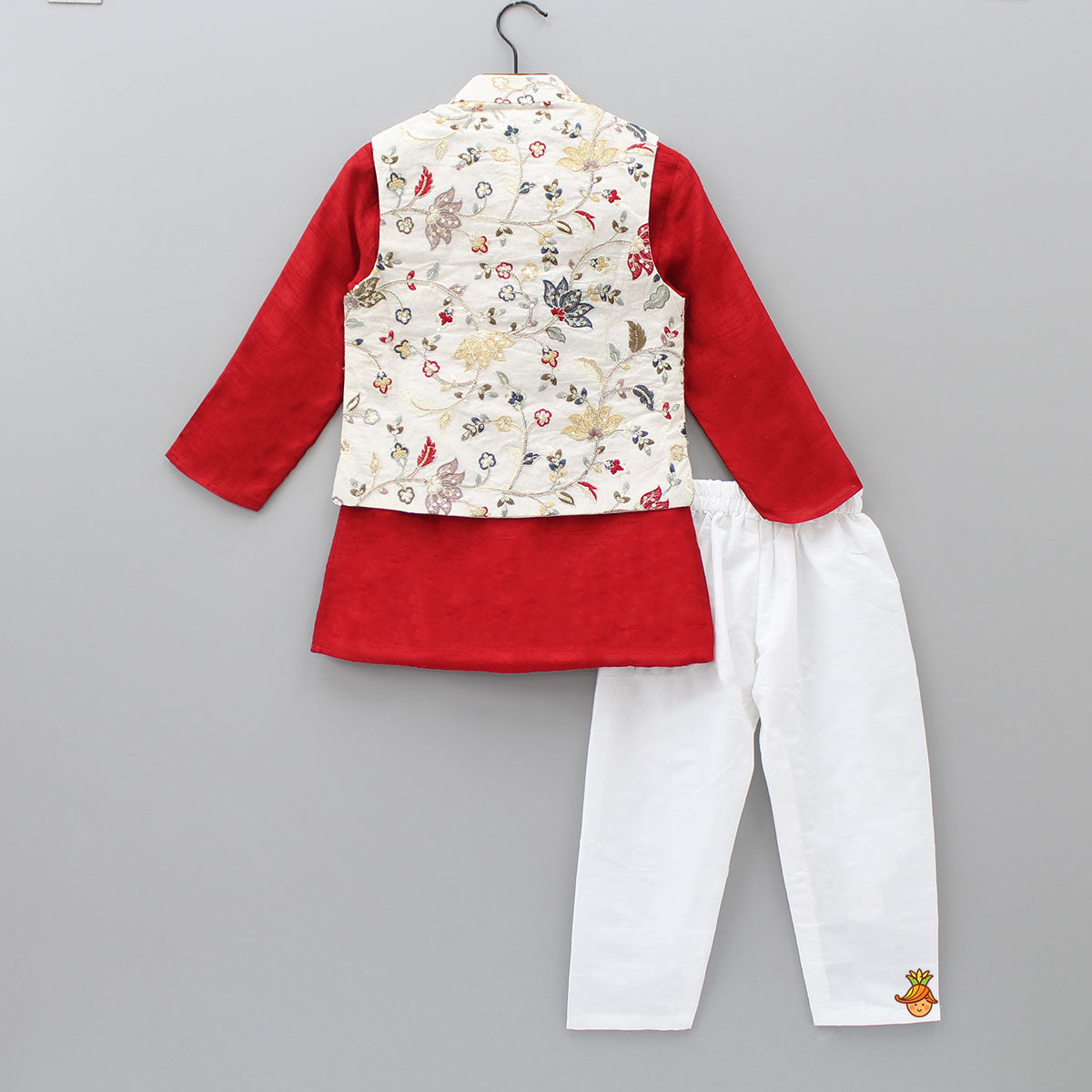 Pre Order: Red Kurta With Off White Floral And Sequins Embroidered Jacket And Pyjama