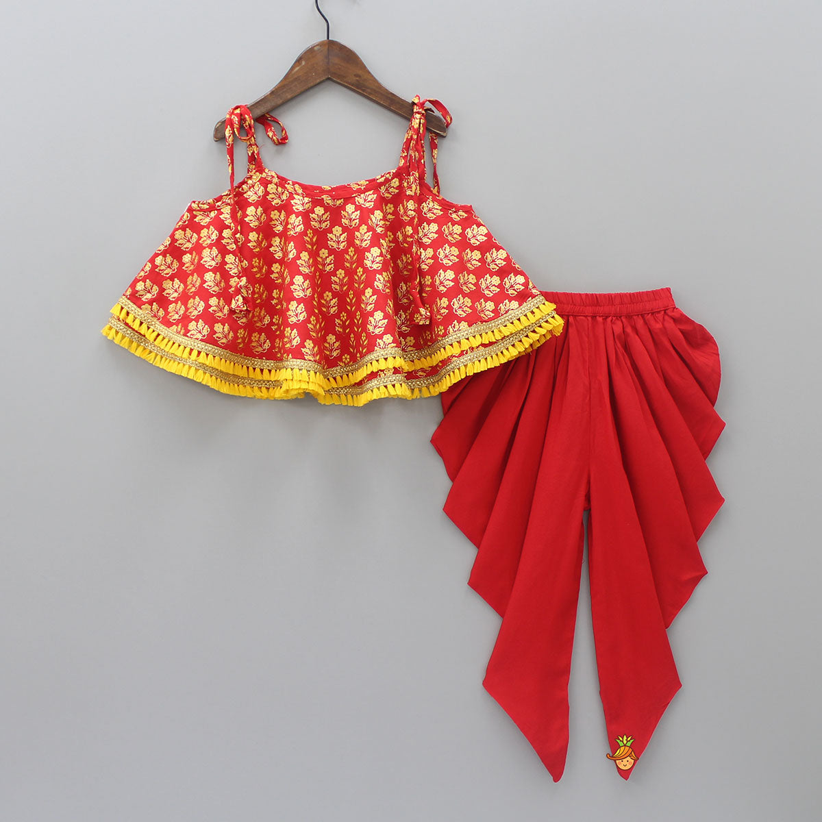 Scarlet Red Foil And Floral Printed Lace Work Top And Dhoti With Matching Sling Bag