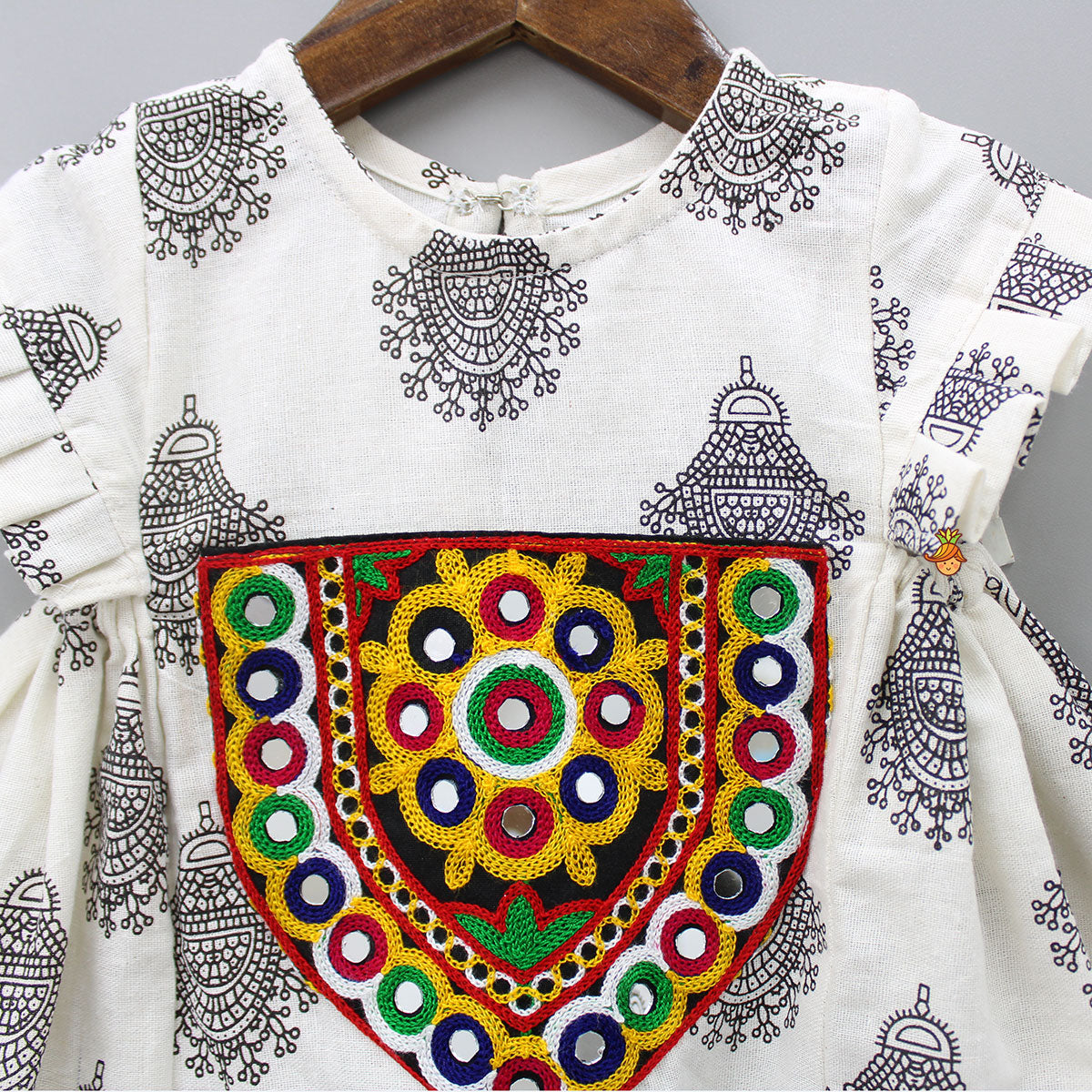 Mirror Work And Multicolour Thread Embroidered Off White Short Kurti