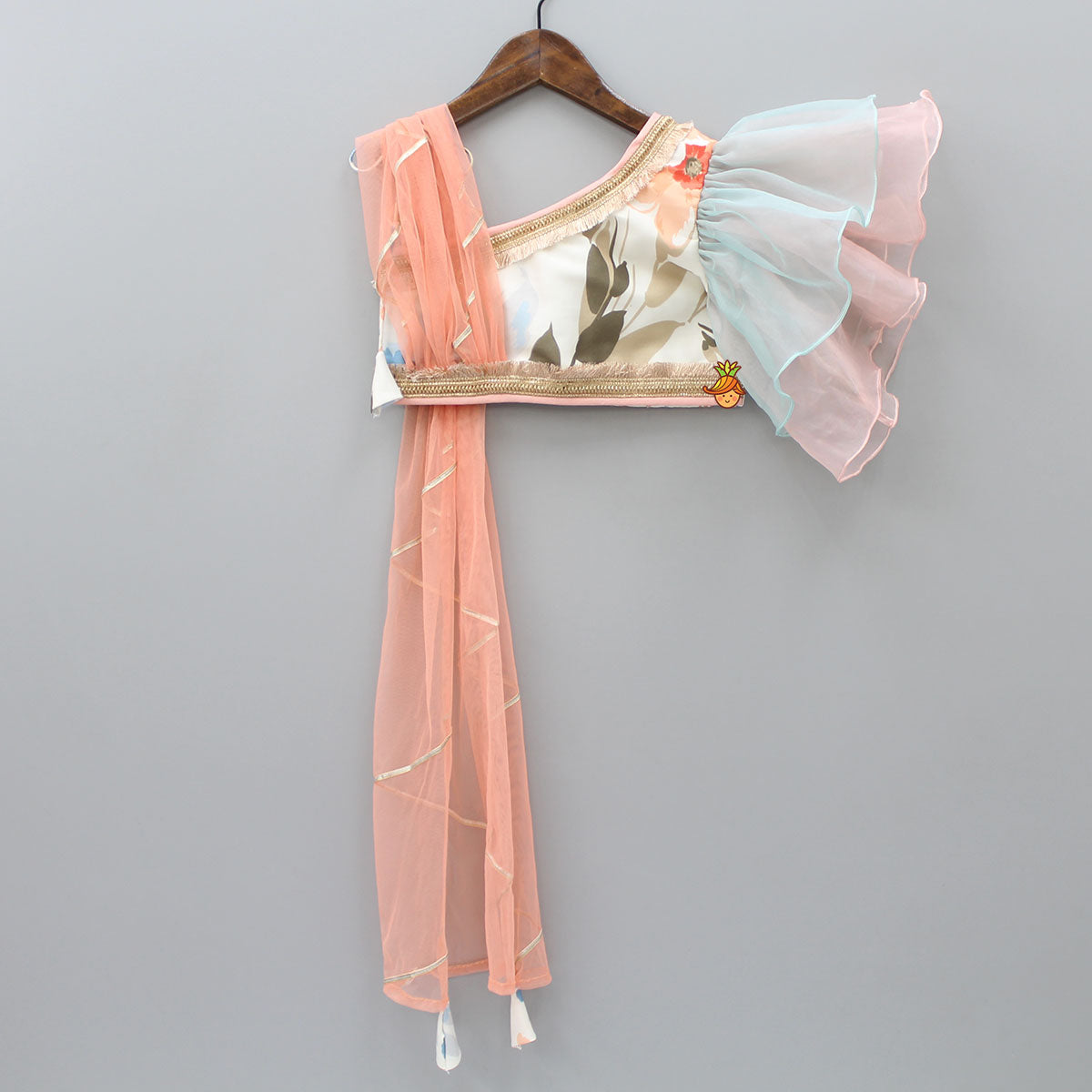 Floral Printed One Shoulder Top With Lehenga And Peach Dupatta