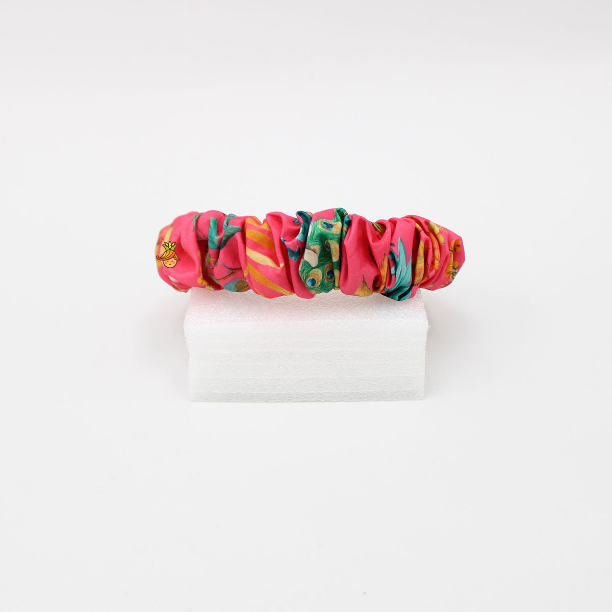 Peacock Printed Coral Pink Pleated Hair Band