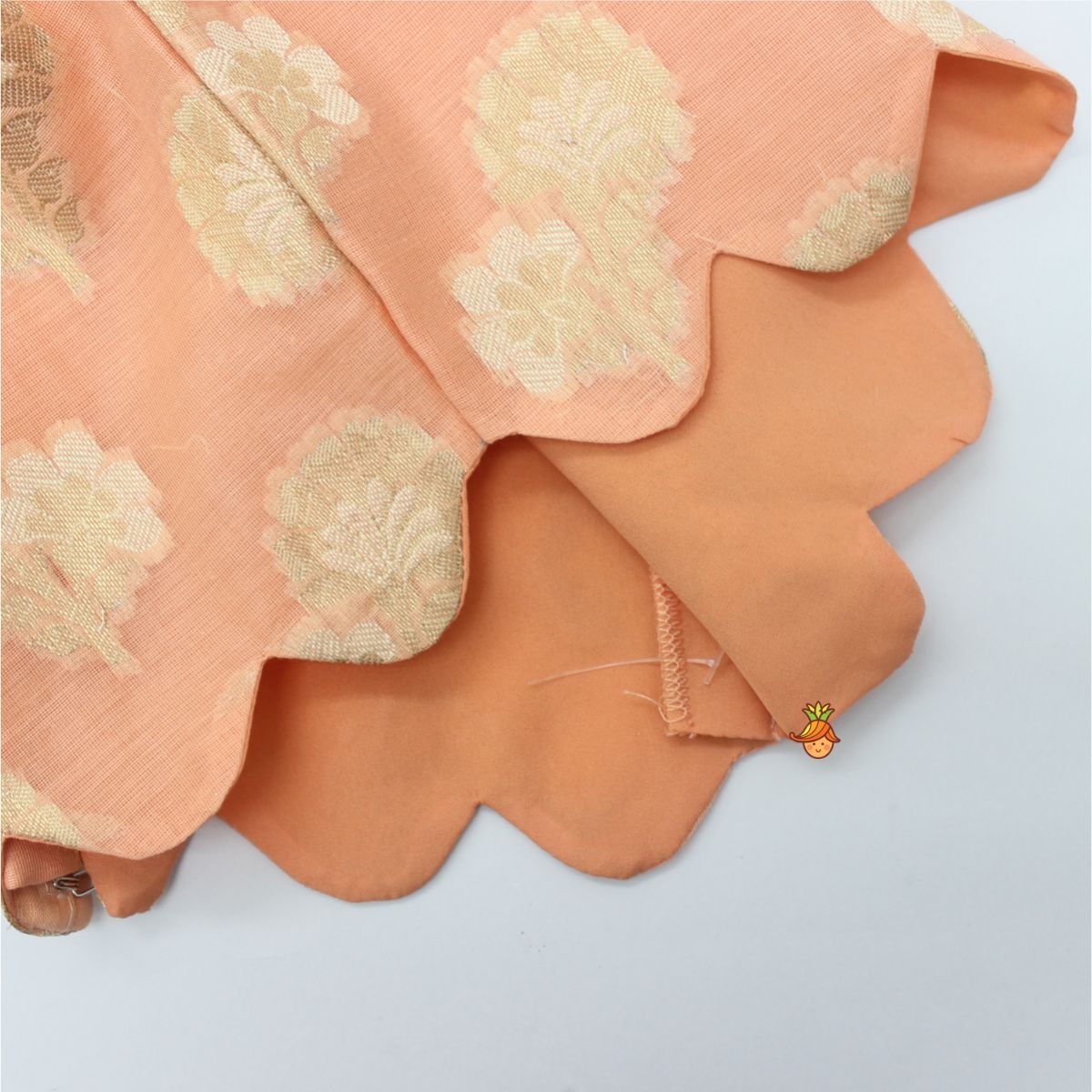 Elegant Peach Scalloped Top And Gota Lace Work Lehenga With Matching Dupatta