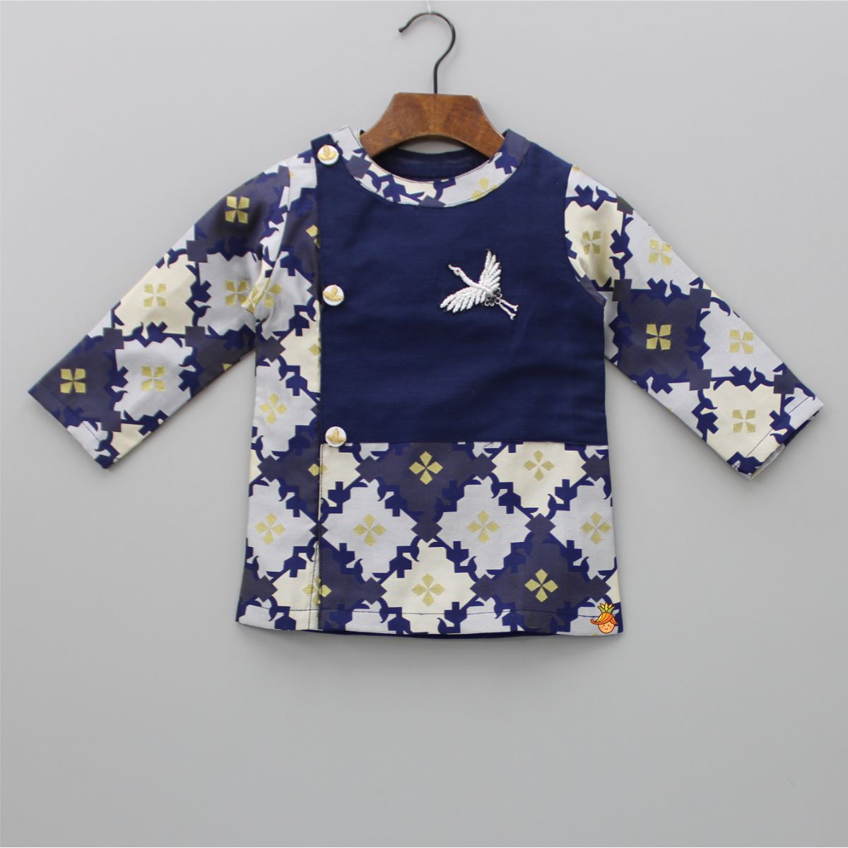 Pre Order: Bird Embroidered Front Open Navy Blue Kurta And Off White Pyjama