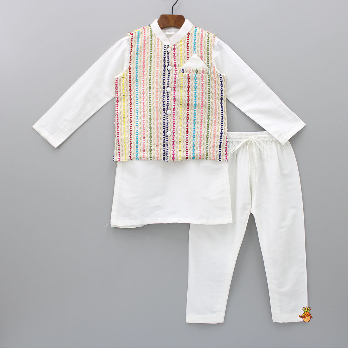 Pre Order: White Cotton Silk Kurta With Faux Mirror Work Multicolour Jacket And Pyjama