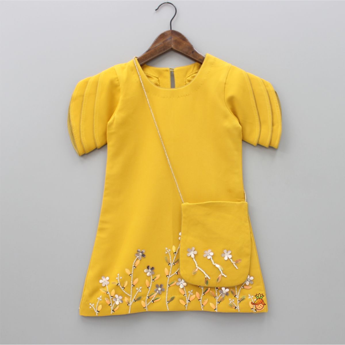Pre Order: Mustard Floral Embroidered Stylish Layered Sleeves Dress With Sling Bag