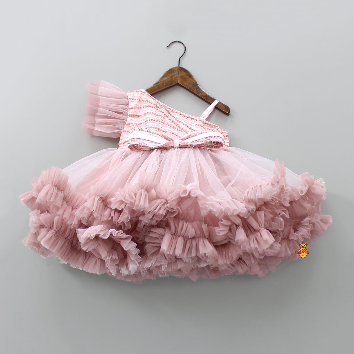Pre Order: Ruffled Hem Glittery Pink One Shoulder Dress