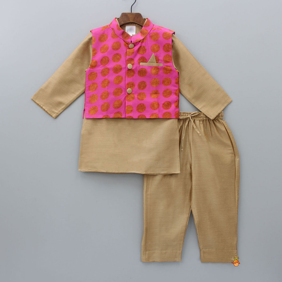 Pre Order: Light Brown Kurta With Printed Front Open Hot Pink Jacket And Pyjama