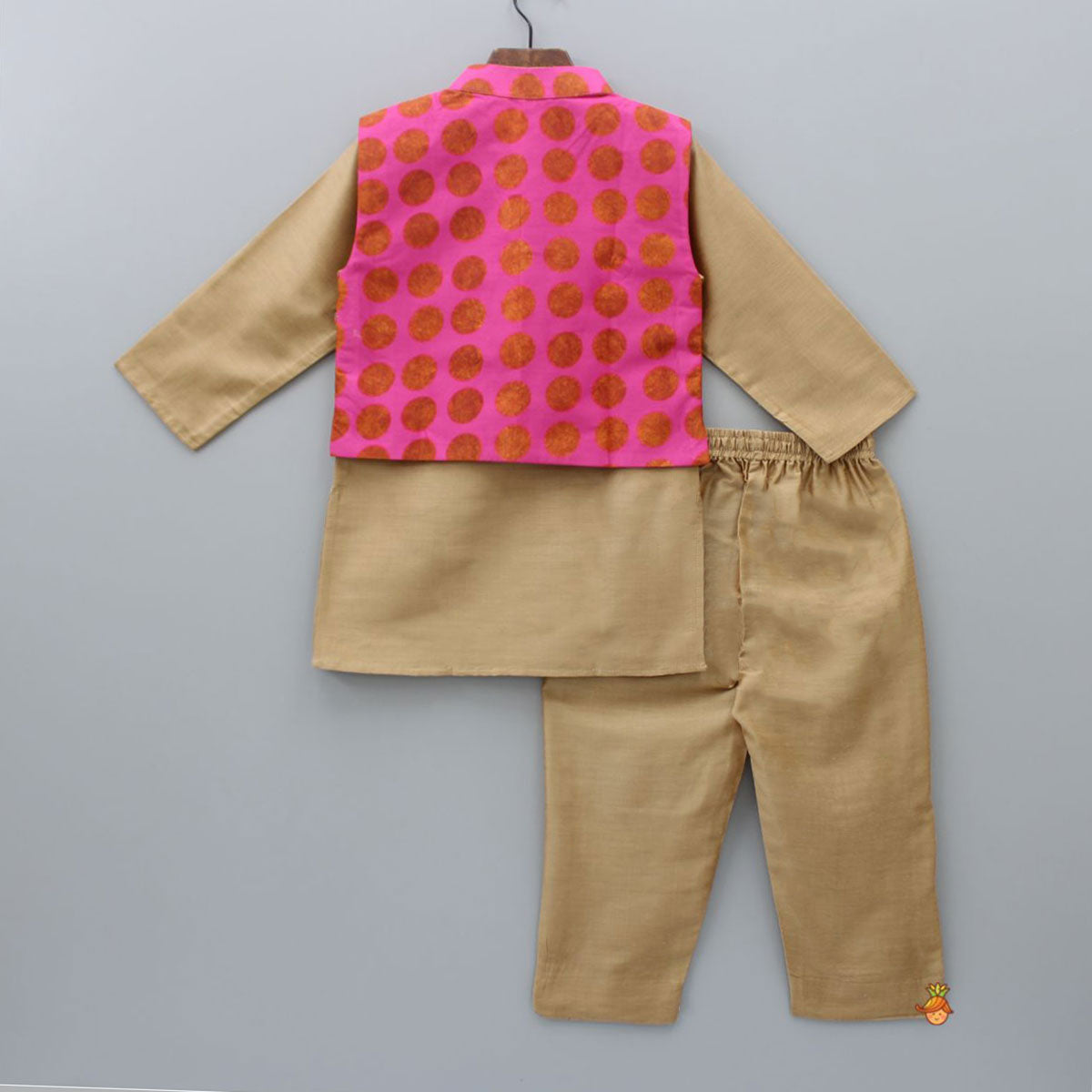 Pre Order: Light Brown Kurta With Printed Front Open Hot Pink Jacket And Pyjama