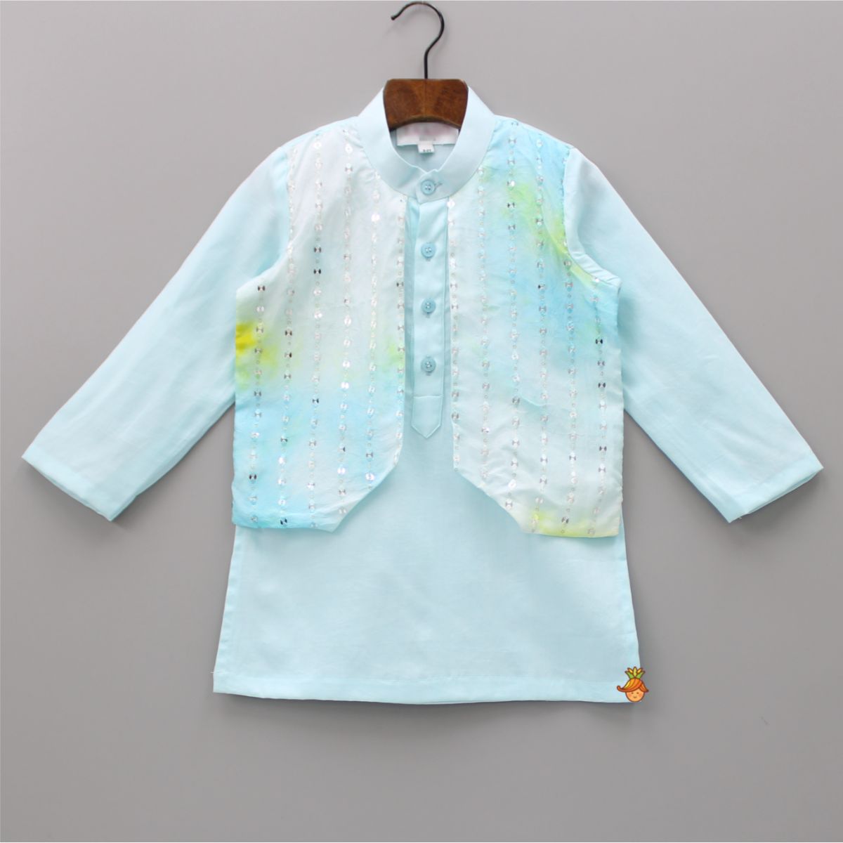 Pre Order: Sky Blue Jacket Style Embroidered Tie And Dye Kurta With Off White Pyjama