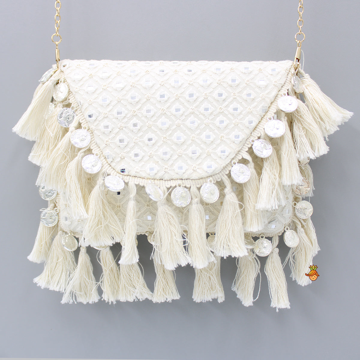 Faux Mirror Work Georgette Off White Sling Bag