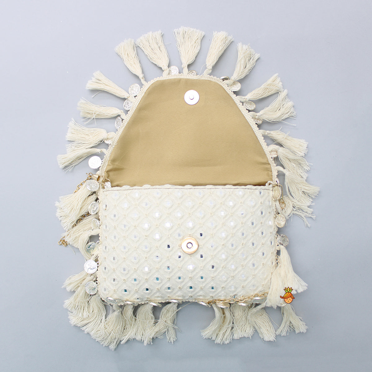 Faux Mirror Work Georgette Off White Sling Bag