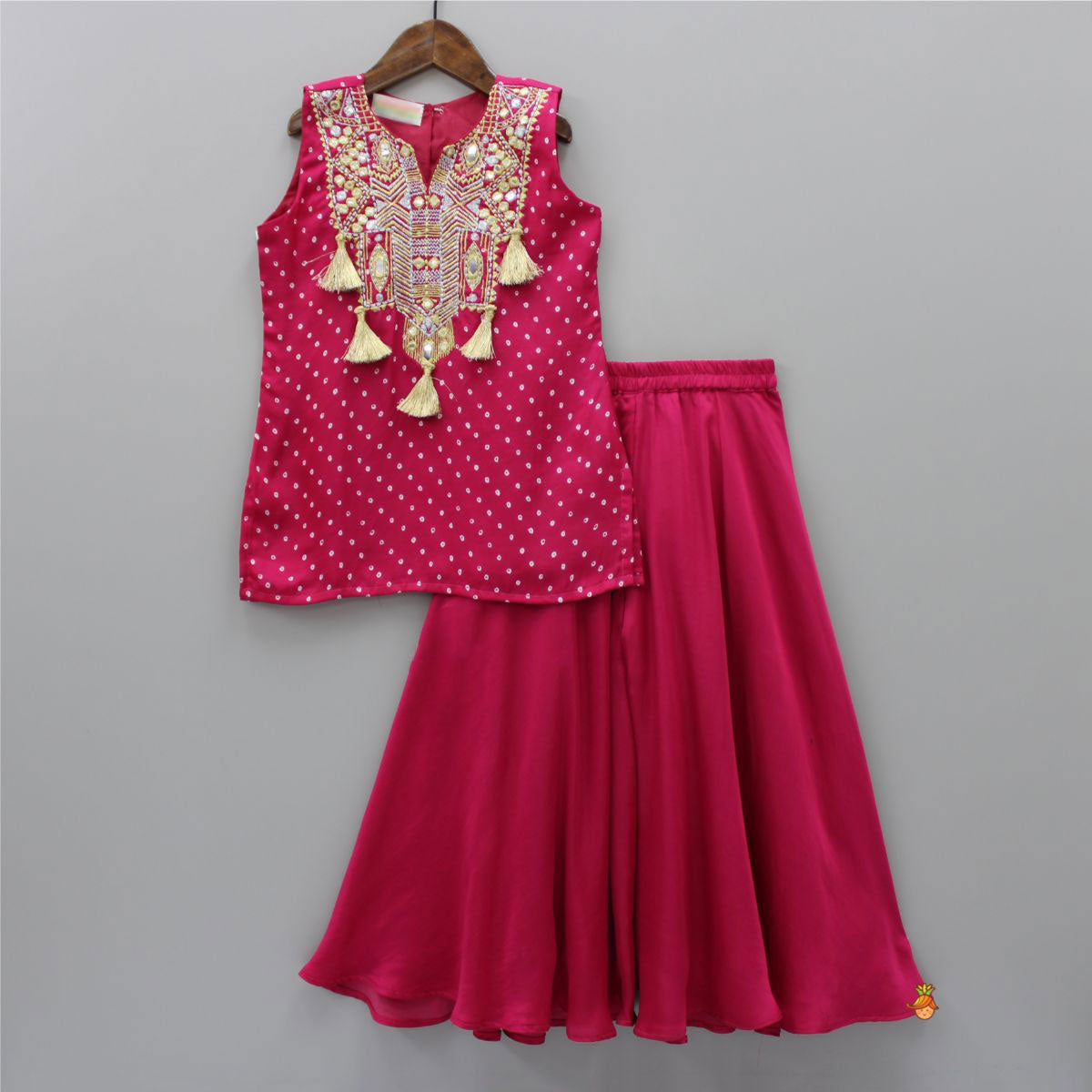 Pre Order: Yoke Fringes Detail Bandhani Fuchsia Pink Kurti And Flared Palazzo