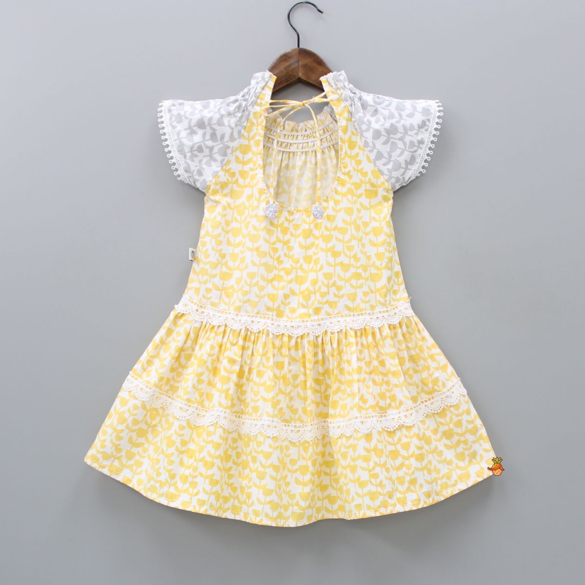 Pre Order: Flat Back Pearls Embellished Yellow And Grey High Neck Dress