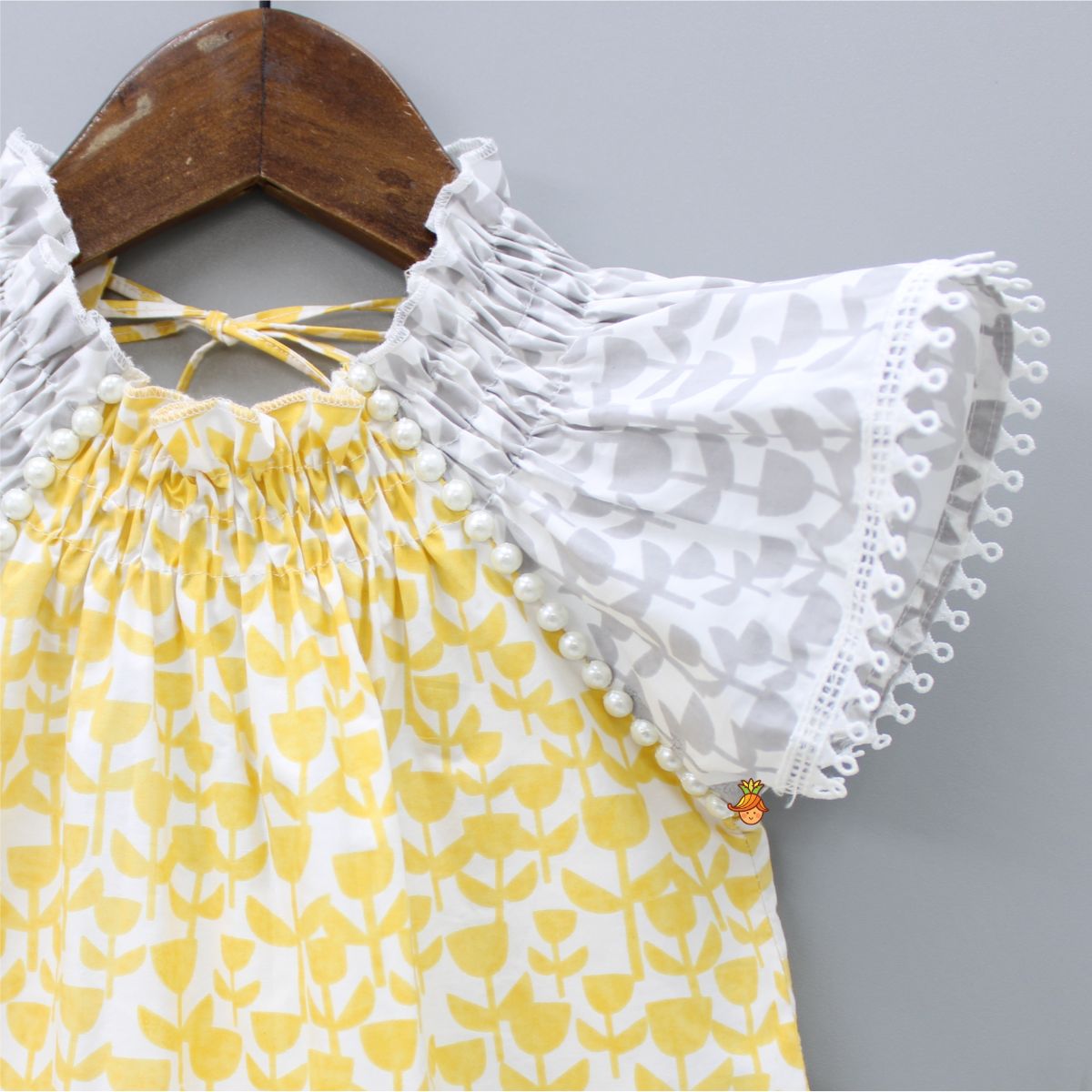 Pre Order: Flat Back Pearls Embellished Yellow And Grey High Neck Dress