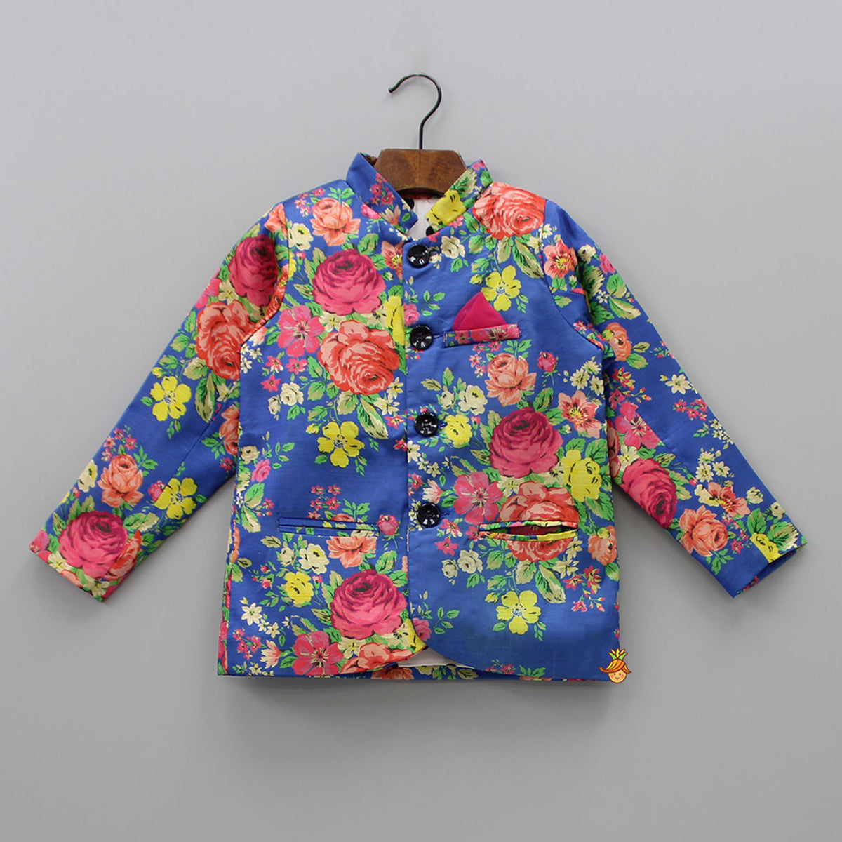 Pre Order: Floral Royal Blue Pocket Square Coat Style Jacket