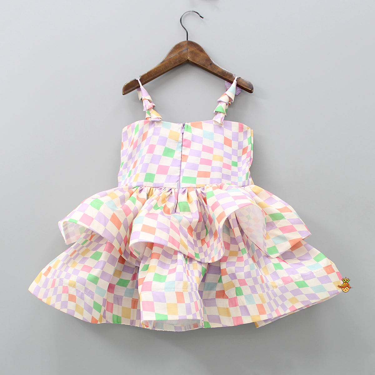 Pre Order: Multicolour Checks Layered Dress With Heart Shaped Sling Bag