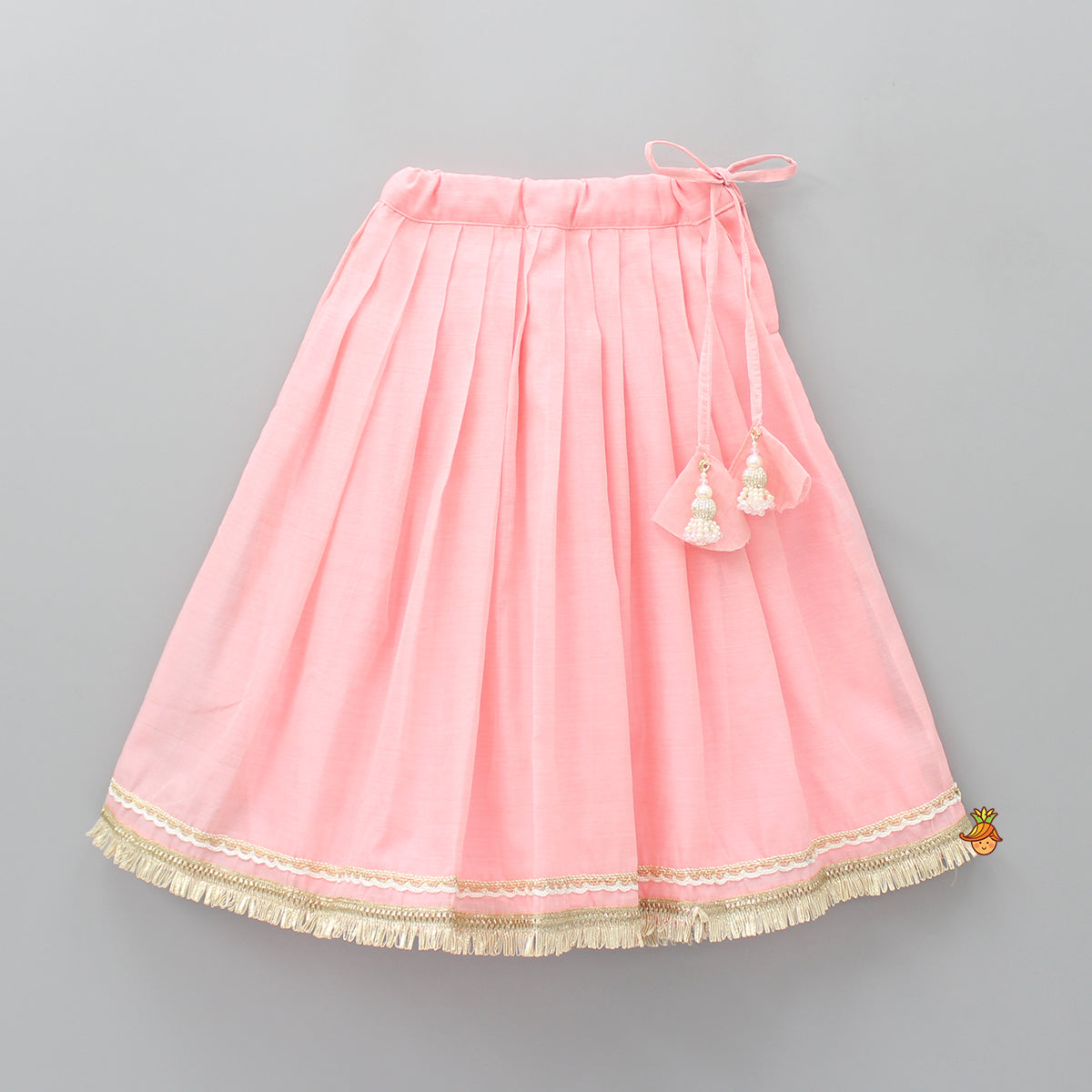 Pre Order: Peach Pink Mirror Work Yoke Top And Pleated Lehenga