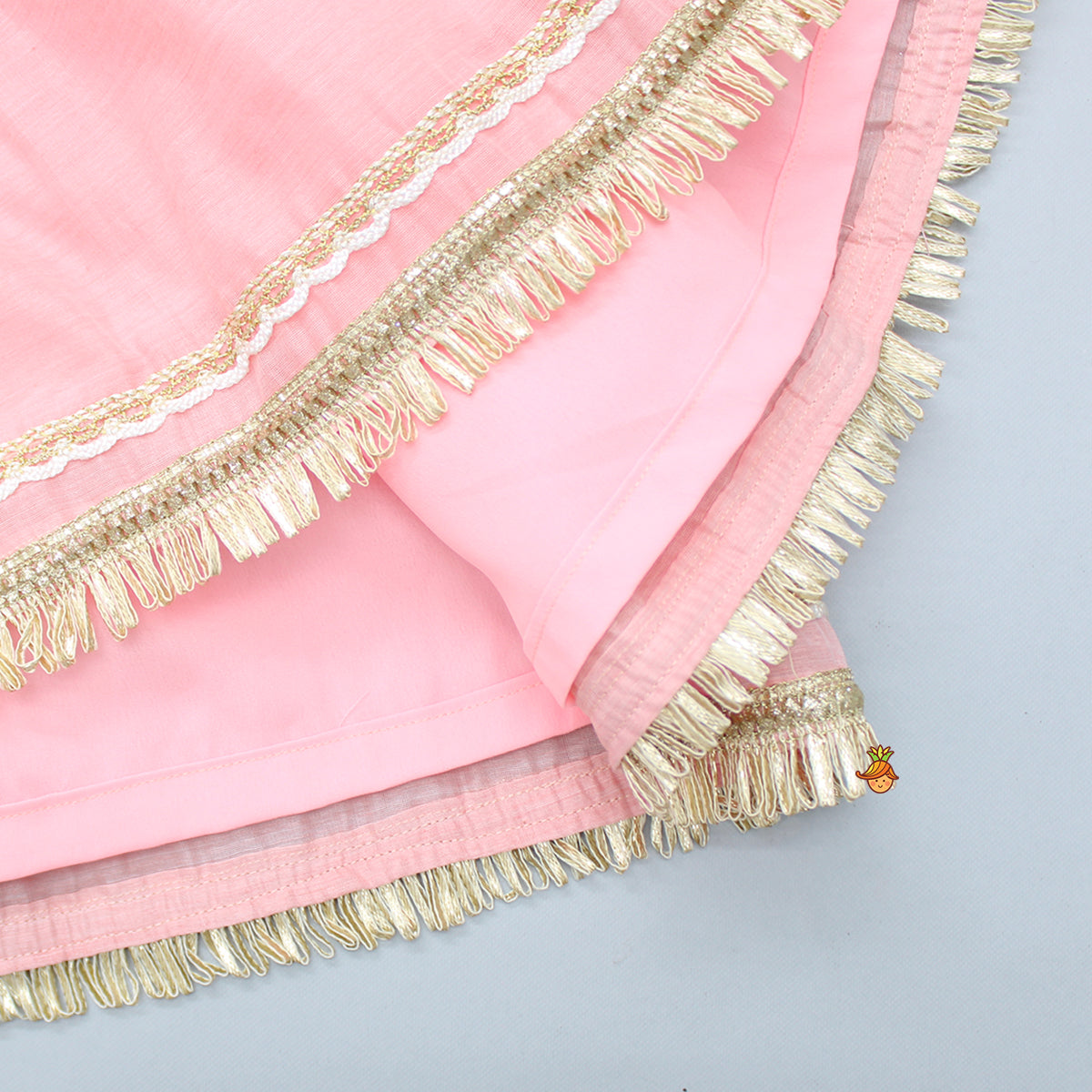 Pre Order: Peach Pink Mirror Work Yoke Top And Pleated Lehenga