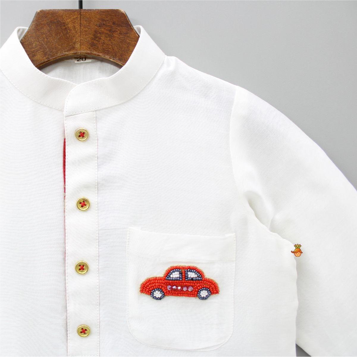 Pre Order: Car Embroidered Patch Pocket Detail White Kurta