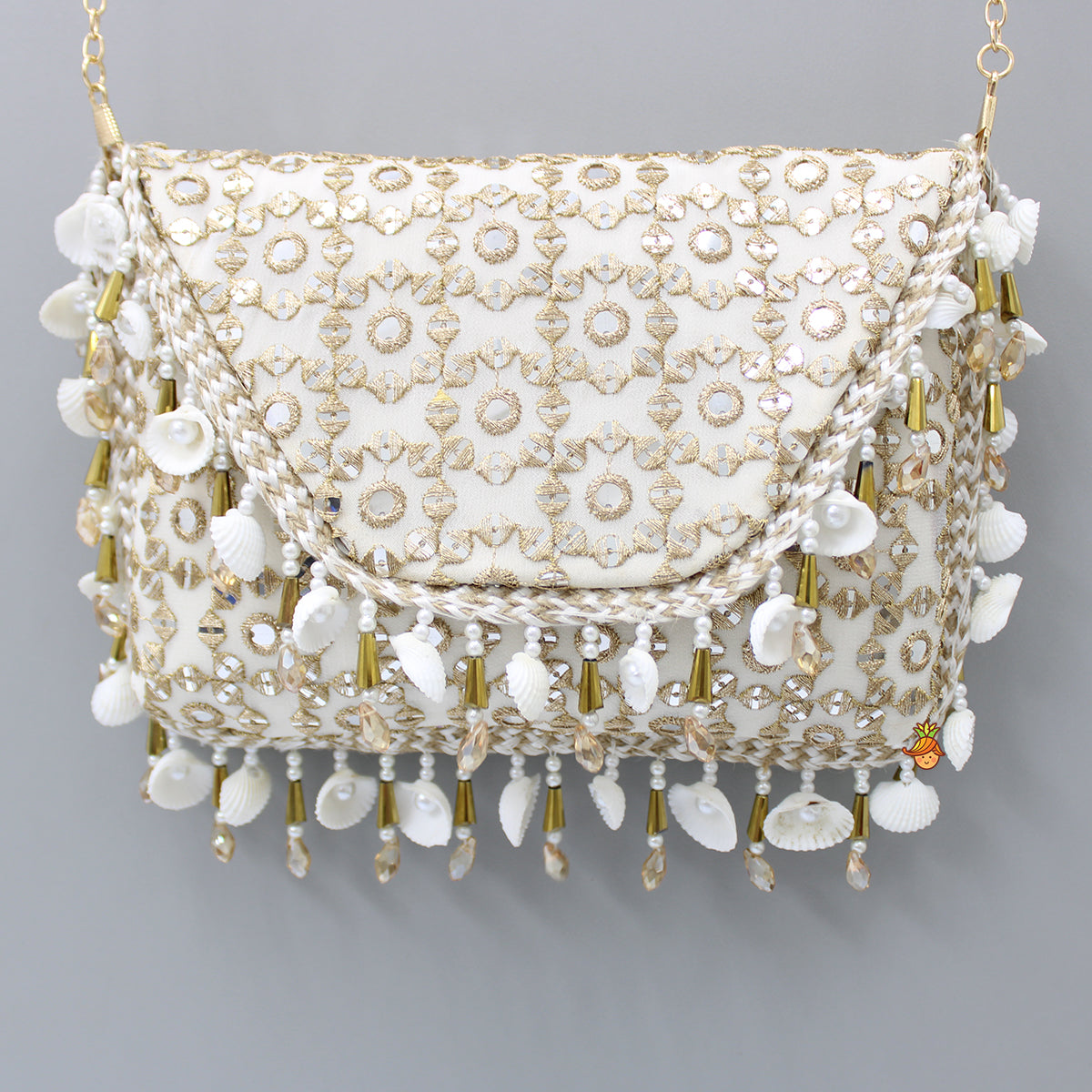 Sequins And Faux Mirror Embroidery Off White Chain Sling Bag