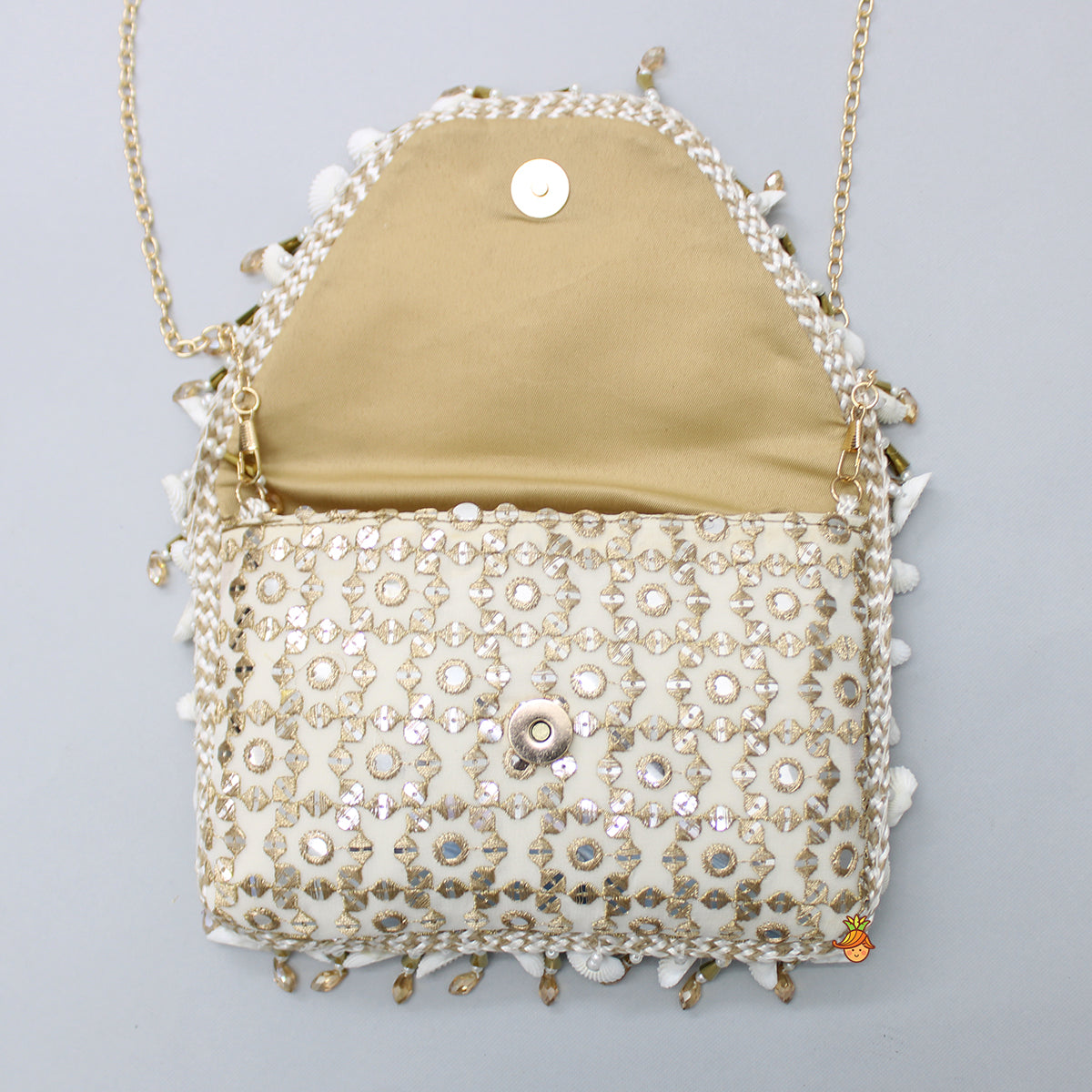 Sequins And Faux Mirror Embroidery Off White Chain Sling Bag