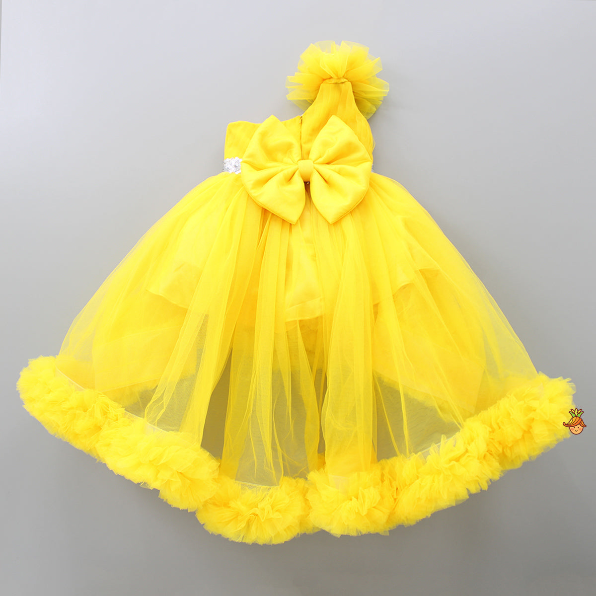Pre Order: One Shoulder Ruffle Hem High Low Yellow Dress With Matching Head Band