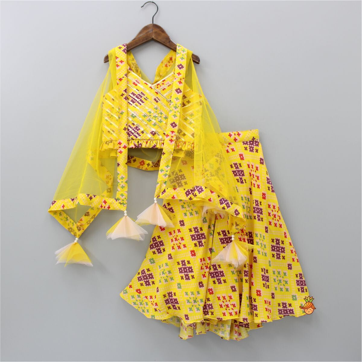 Pre Order: Stylish Patola Printed Yellow Cape Top And Asymmetric Palazzo