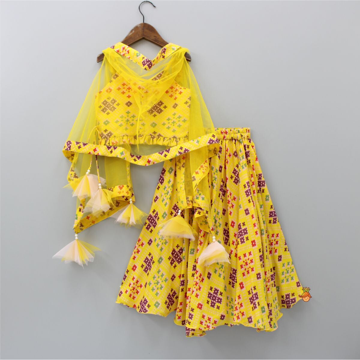 Pre Order: Stylish Patola Printed Yellow Cape Top And Asymmetric Palazzo