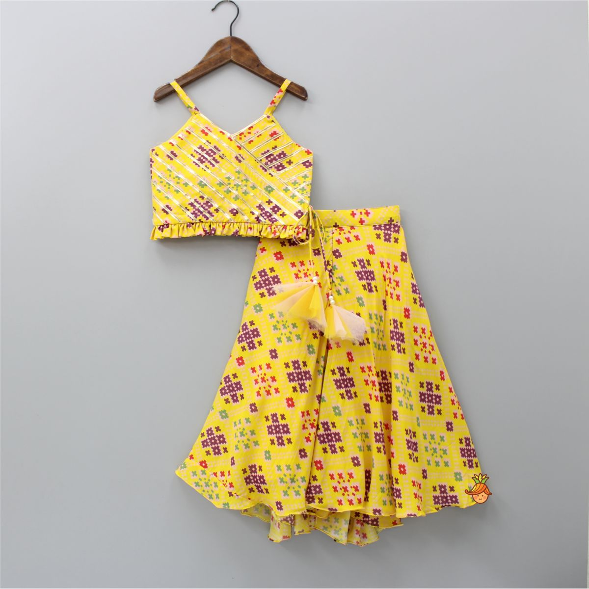 Pre Order: Stylish Patola Printed Yellow Cape Top And Asymmetric Palazzo