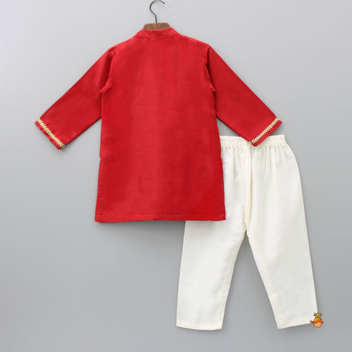 Pre Order: Brocade Attached Flap Red Kurta And Off White Pyjama