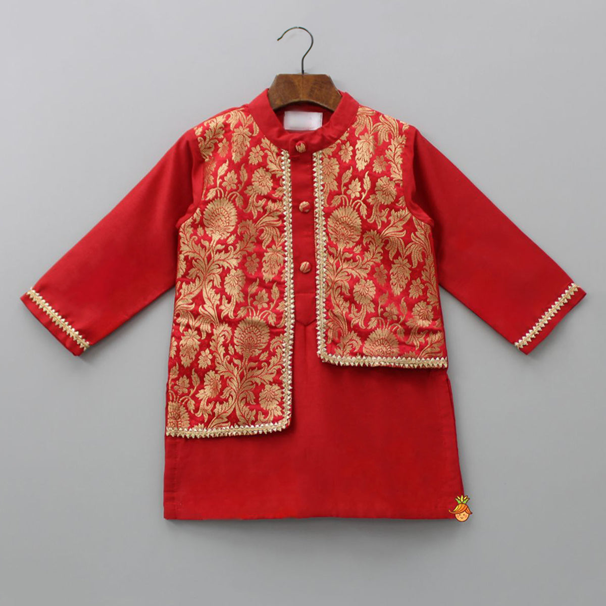 Pre Order: Brocade Attached Flap Red Kurta And Off White Pyjama